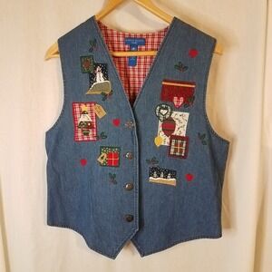 Christmas Karen Scott Vest Womens Med Blue Tree Star Snowman Ugly Vtg 90's‎